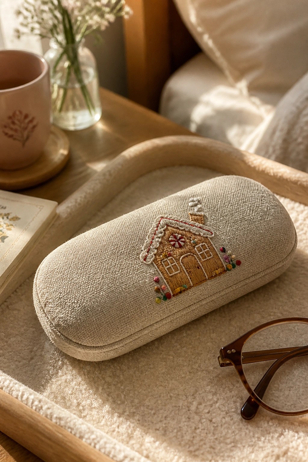 A beige fabric glasses case with an embroidered gingerbread house sits on a wooden tray beside tortoiseshell glasses.