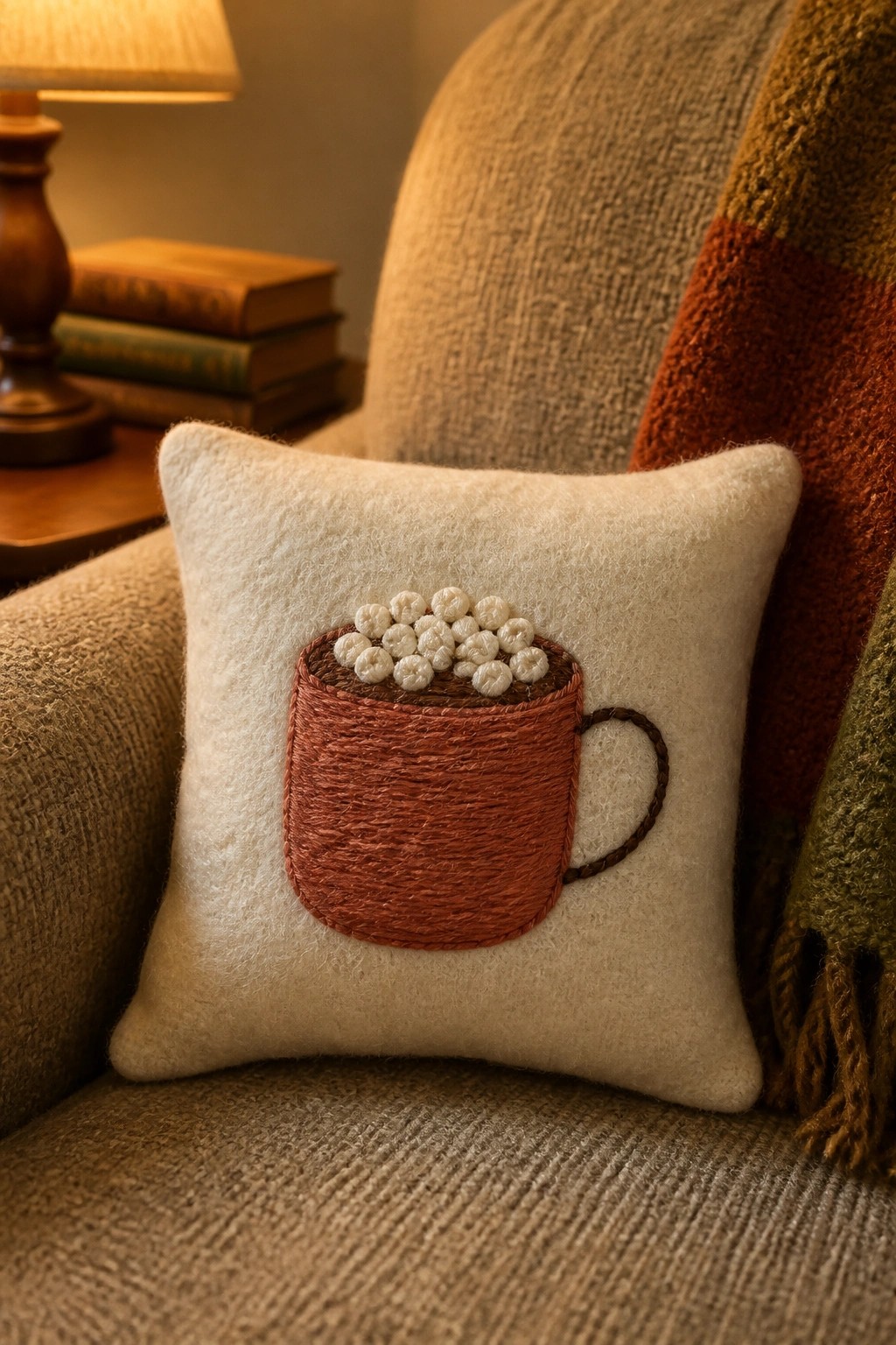 Cream pillow with embroidered red mug of marshmallows on beige armchair