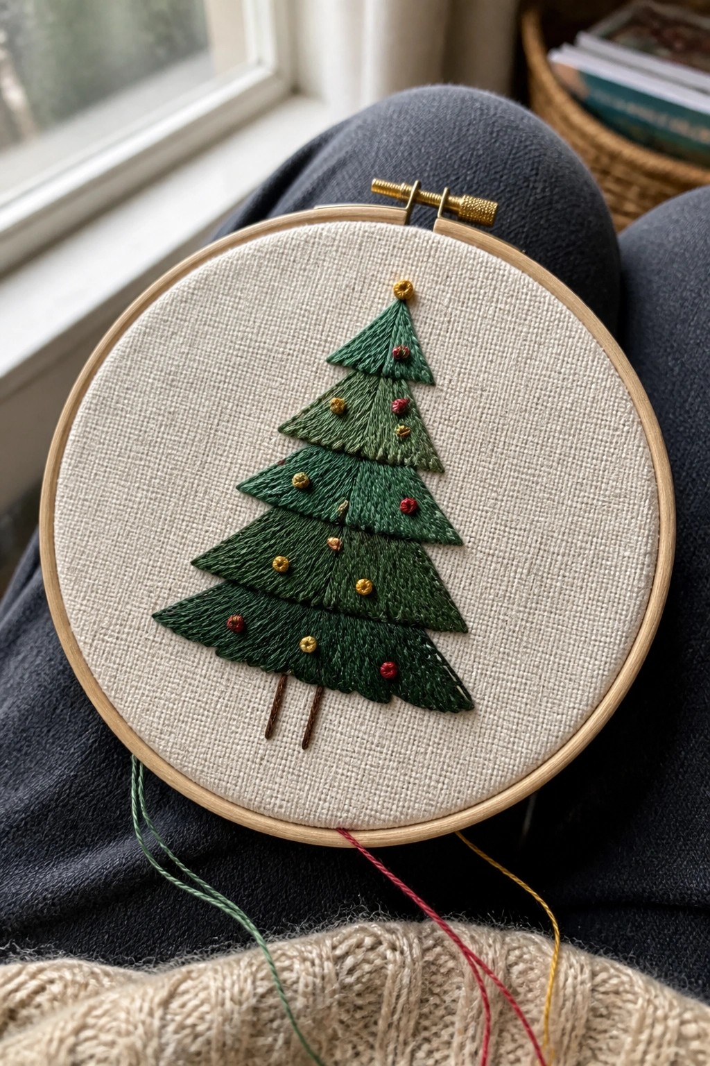 A Christmas tree embroidered in an embroidery hoop using layered green threads with red and gold accents.