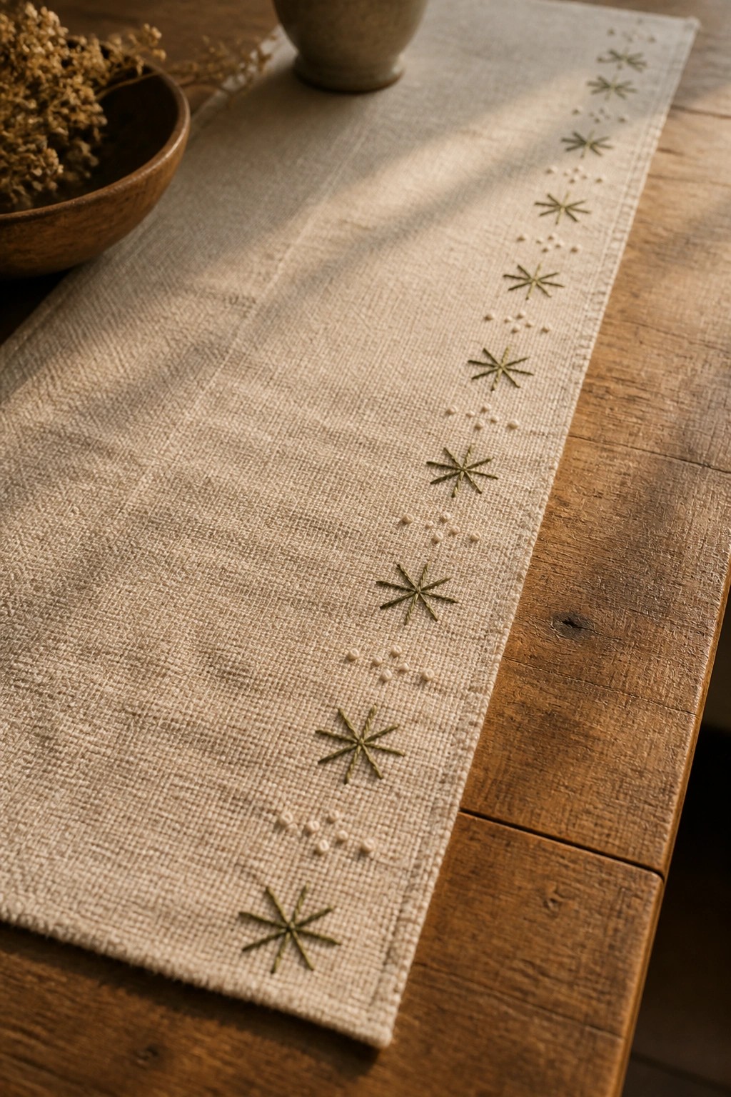 A beige linen table runner with a vertical line of green embroidered stars and dotted clusters along one edge lies on a wooden surface beside a wooden bowl.