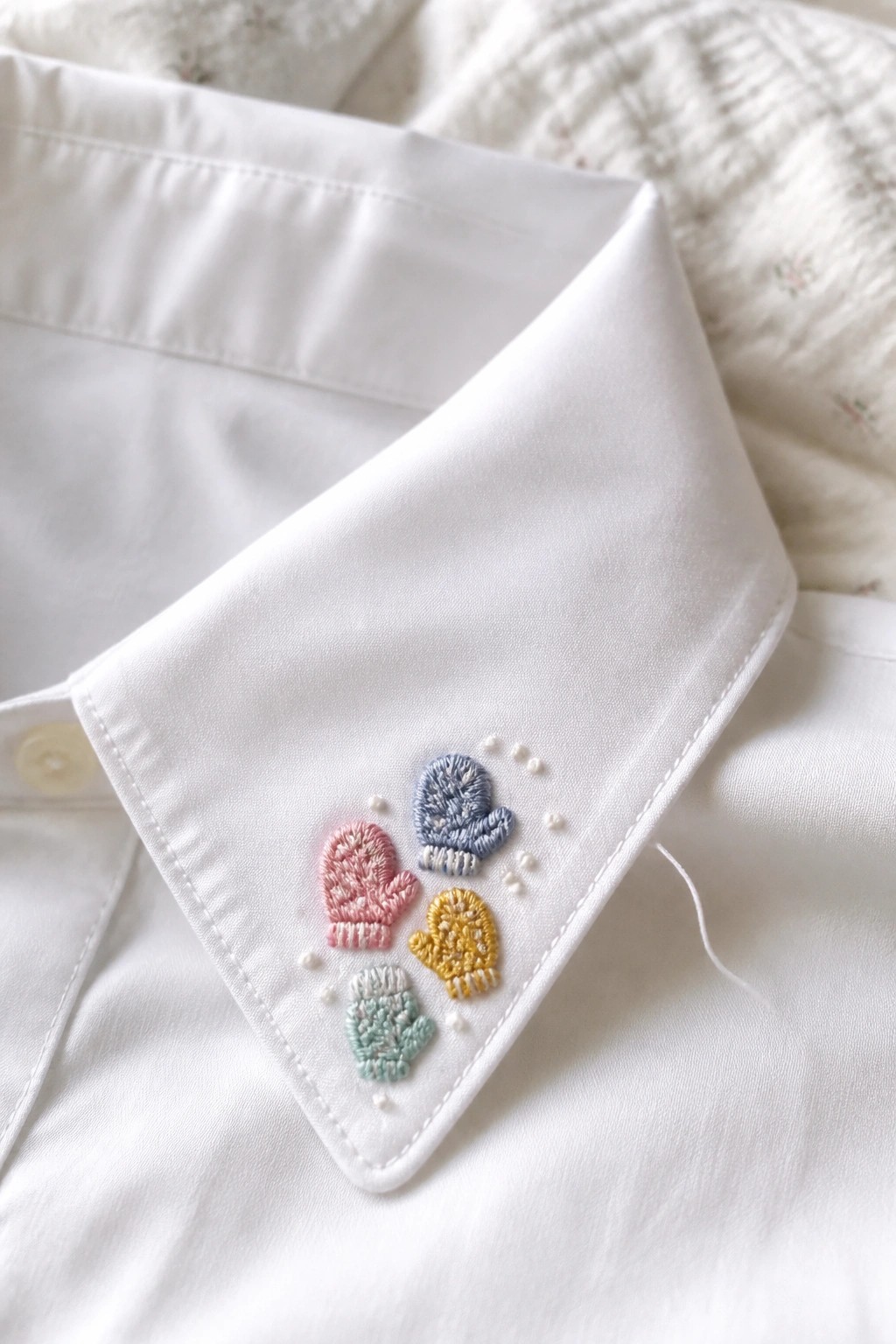 White shirt collar embroidered with pink, blue, yellow, and mint mittens and dots.