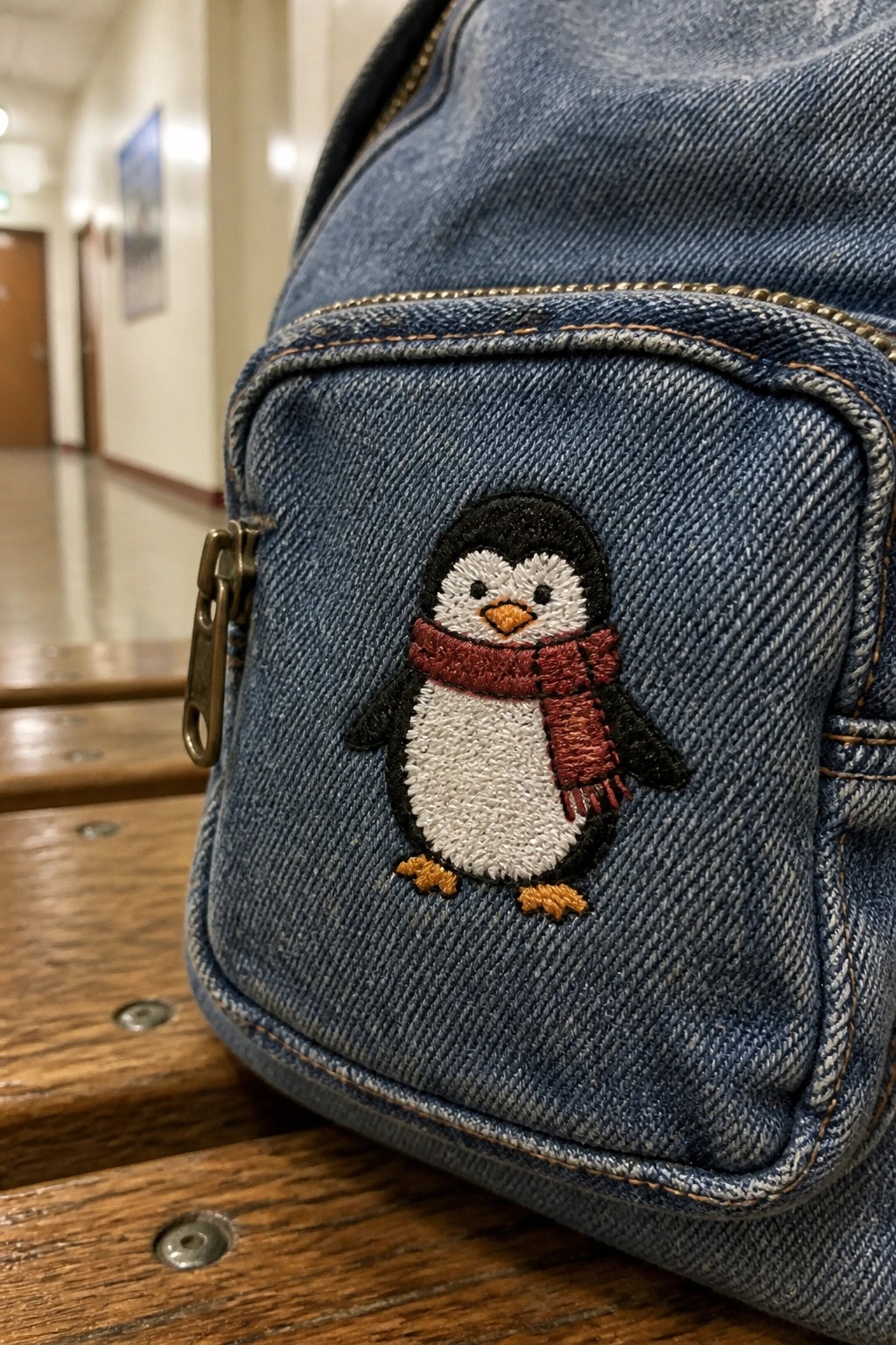 Blue denim backpack with embroidered penguin wearing red scarf on wooden surface.