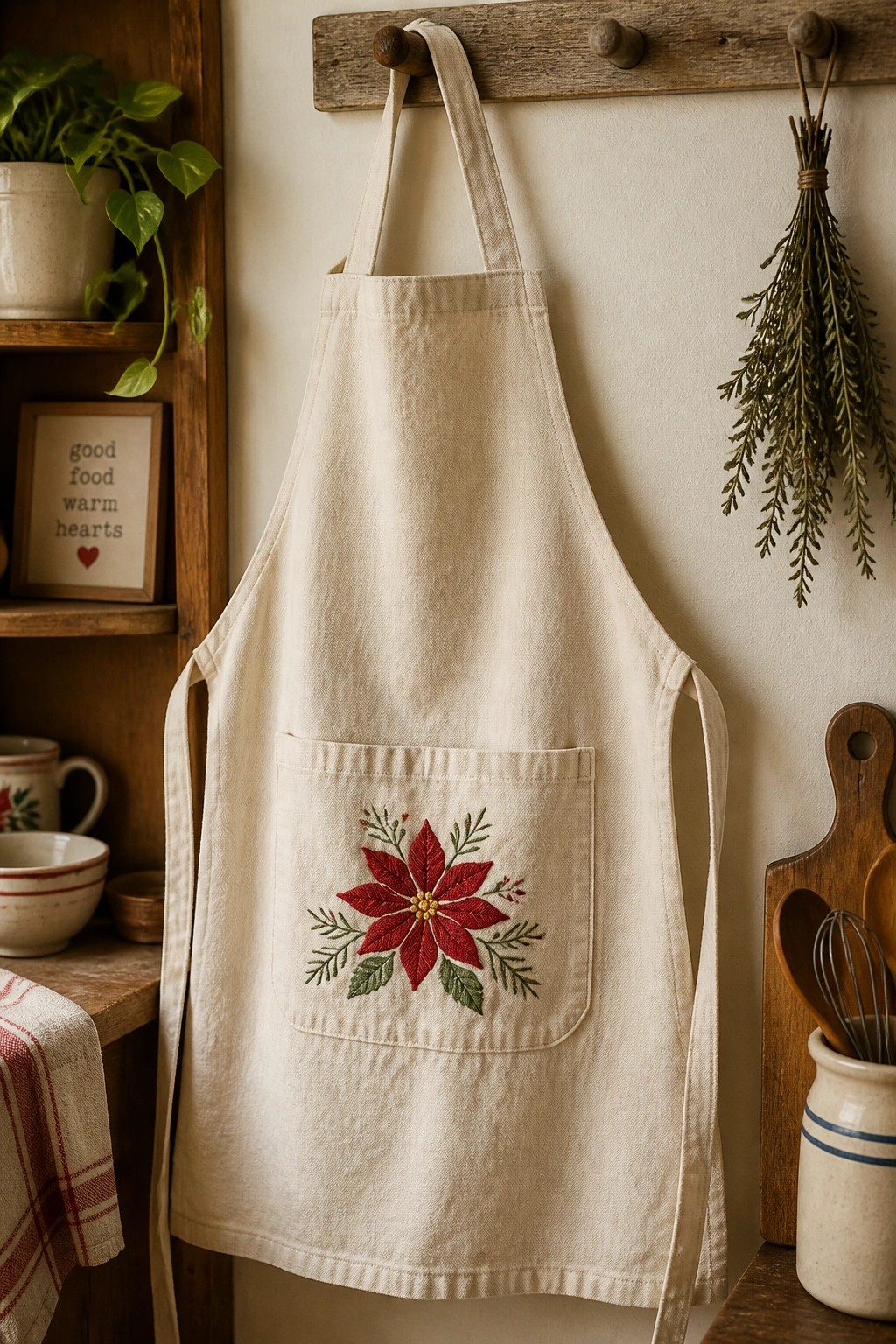 A beige apron with red poinsettia embroidery on the front pocket hanging on a wooden rack.