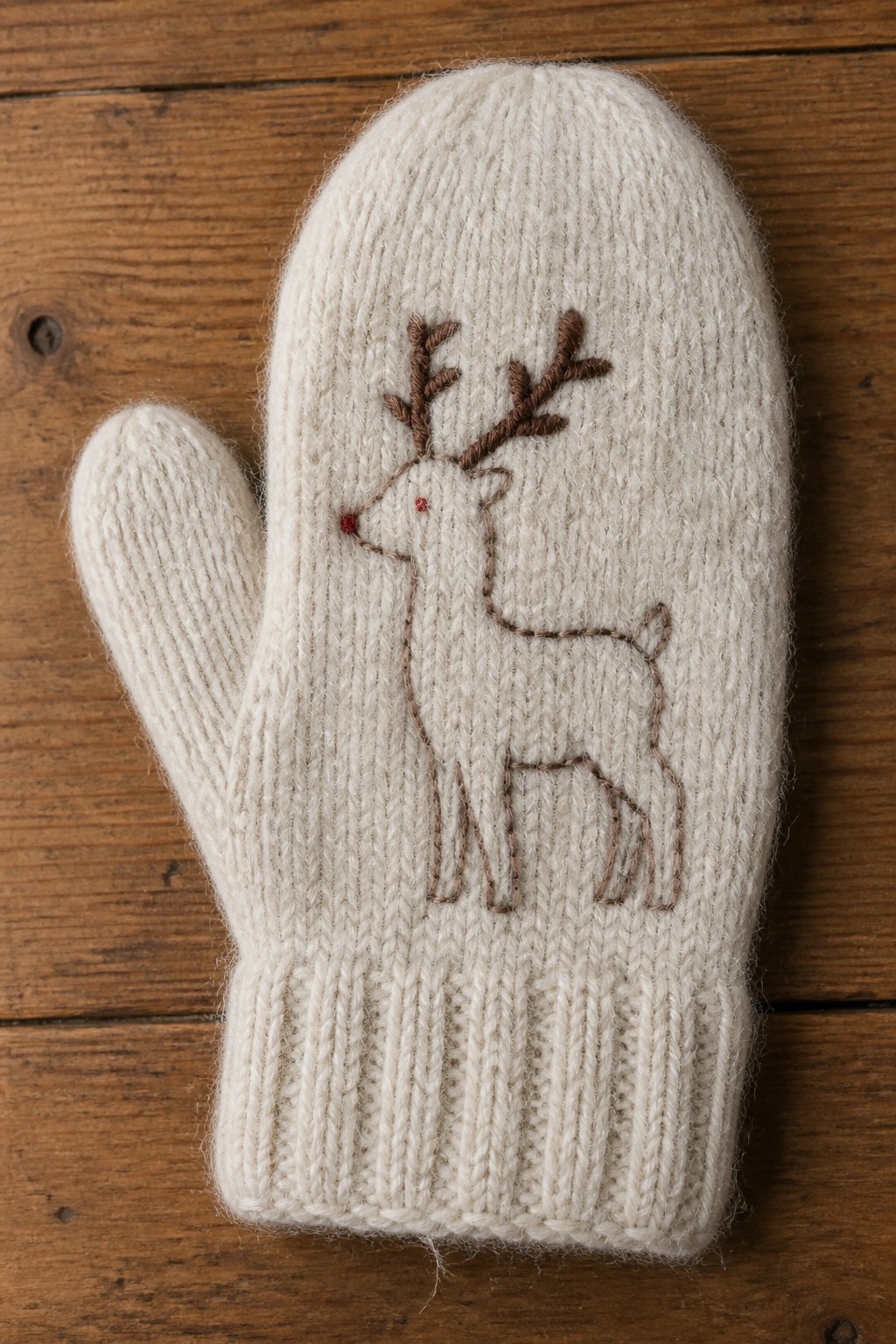 A white knitted mitten embroidered with a brown reindeer outline and red nose.