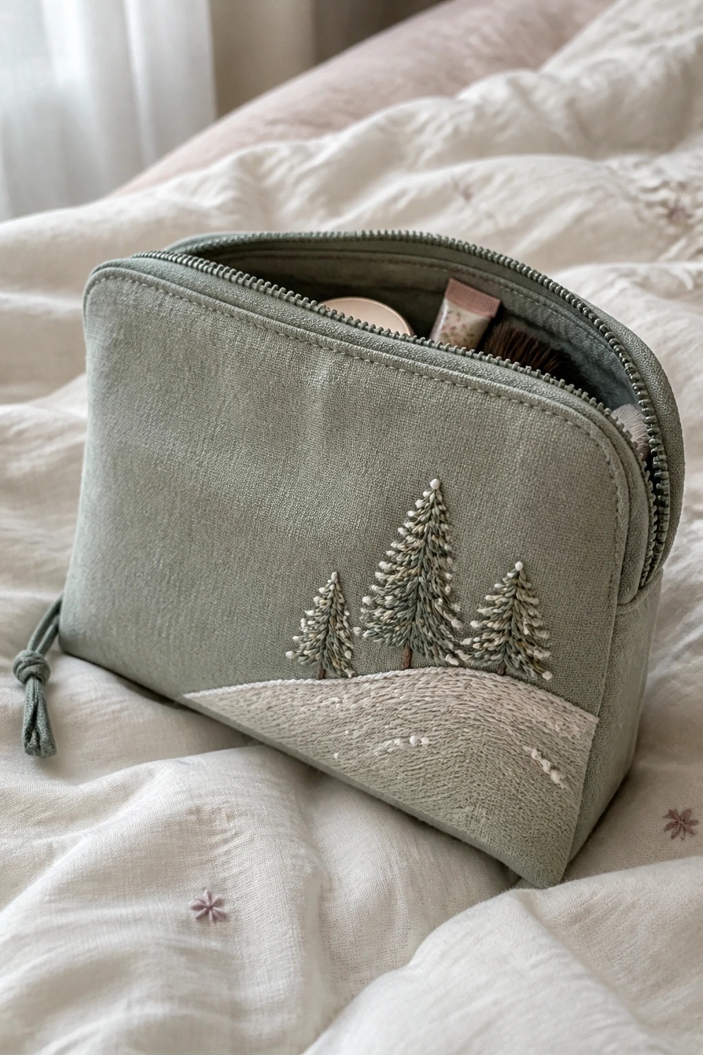 Open sage green pouch with embroidered pine trees on white bedding.