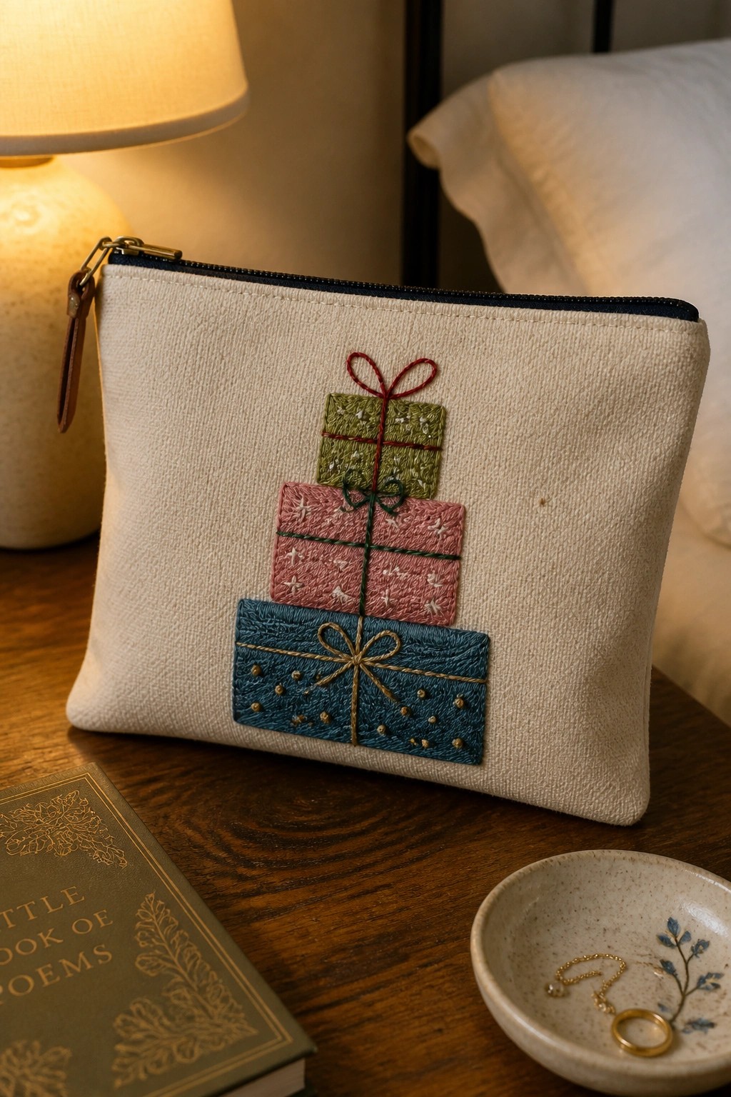 Cream canvas pouch embroidered with stacked colorful gift boxes on wooden table.
