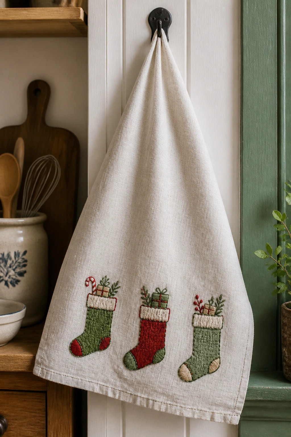White linen towel with three embroidered Christmas stockings hanging on a hook