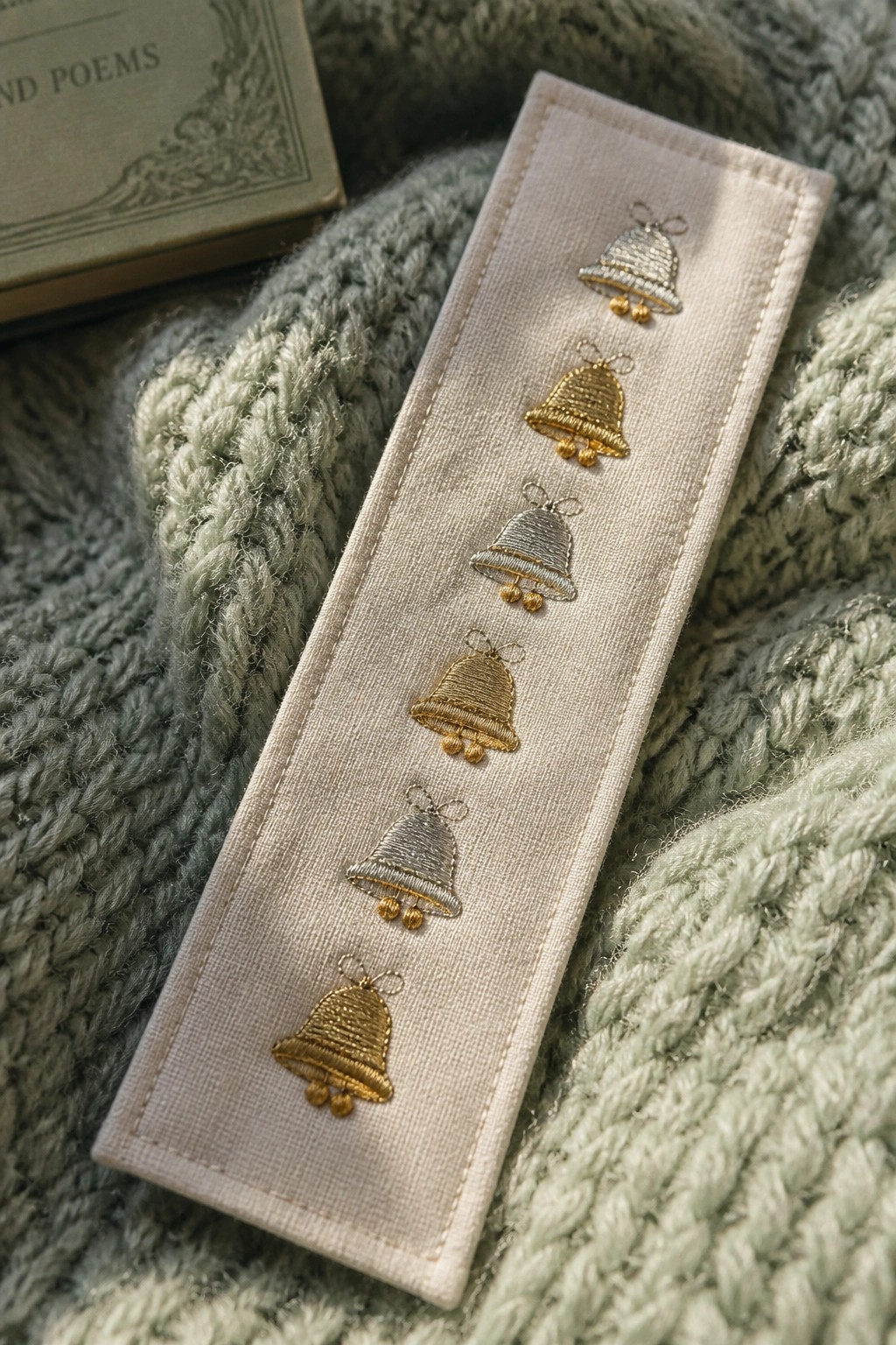 Embroidered beige bookmark with gold and silver bells on sage green knit fabric beside book.