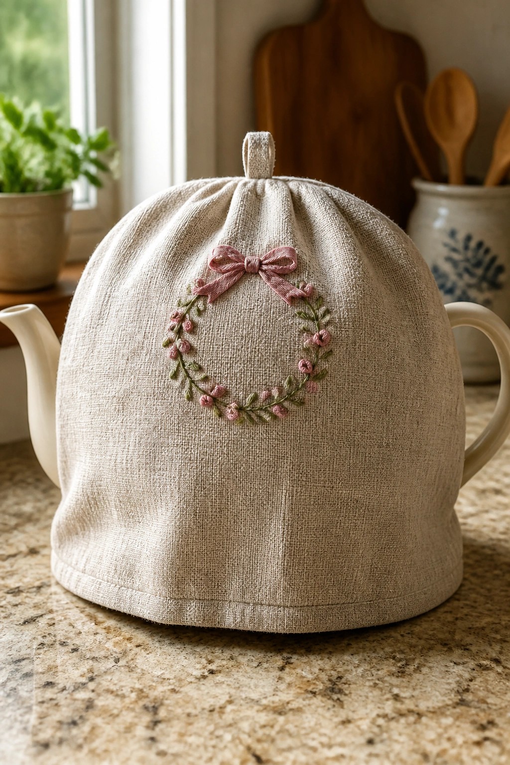 Beige linen tea cozy with pink embroidered bow and floral wreath on teapot