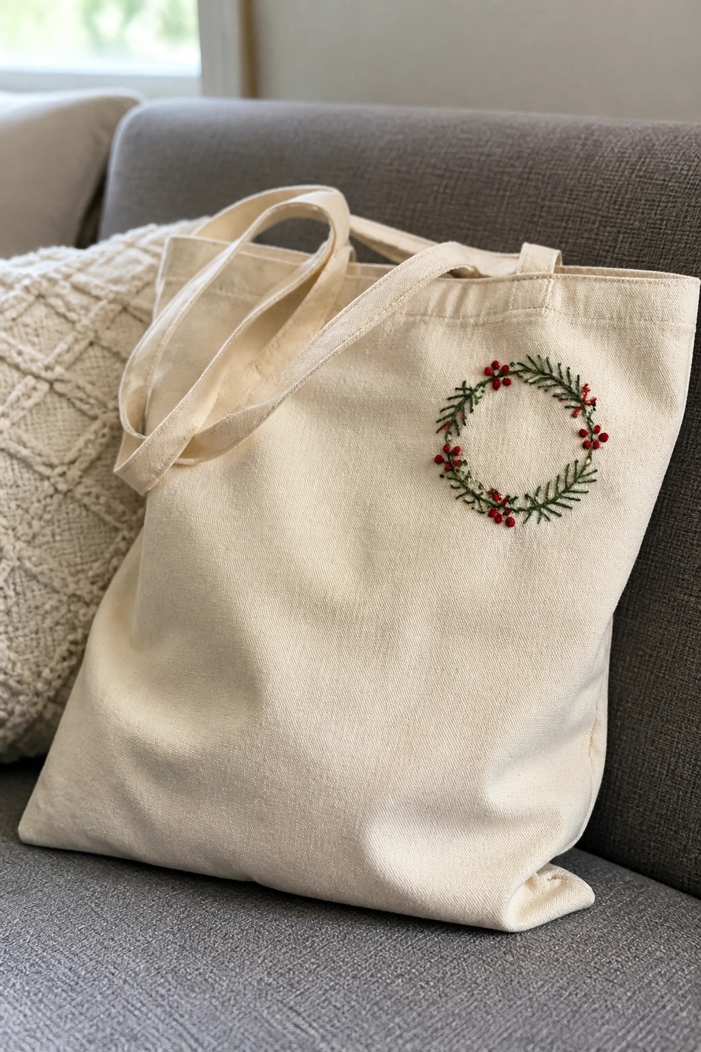 A cream canvas tote bag with a small embroidered Christmas wreath of green branches and red berries on the front.