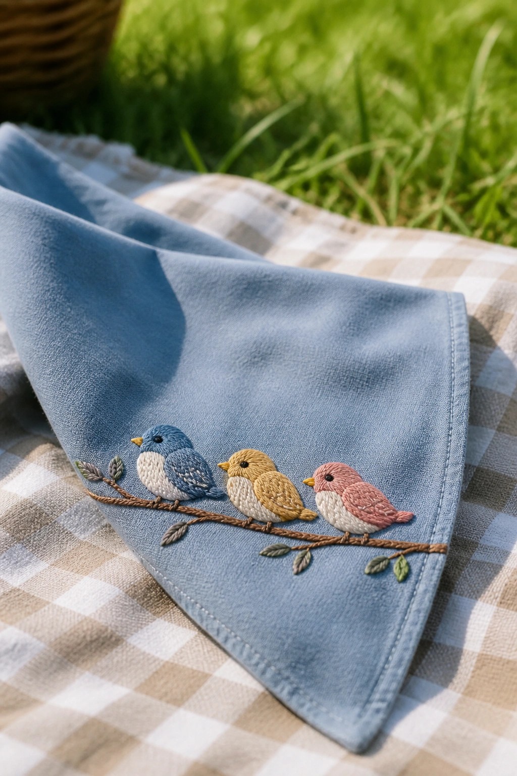 Light blue bandana embroidered with three birds on branch over checkered blanket