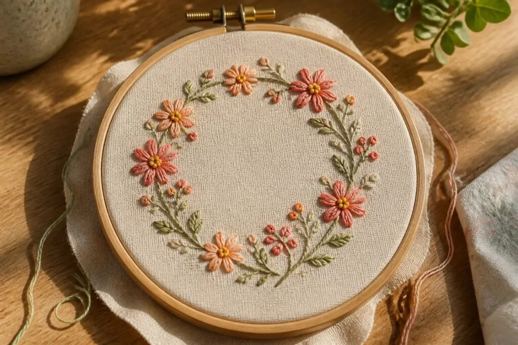 24 Creative Easy Embroidery Designs Using Only Basic Stitches Wooden hoop with pink peach flowers and green leaves on white fabric