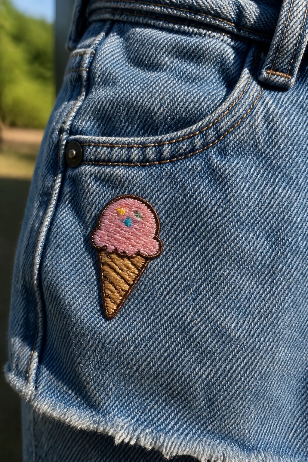 Blue denim shorts with pink embroidered ice cream cone patch on pocket