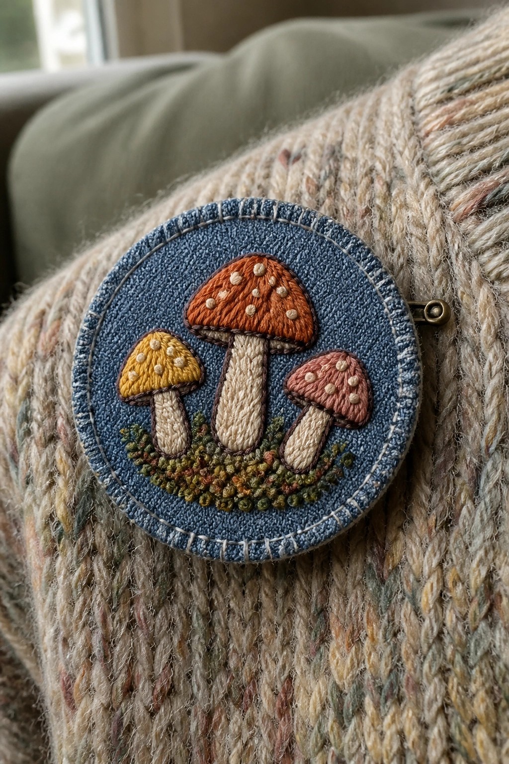Embroidered brooch with three colorful mushrooms pinned to multicolored knitted sweater
