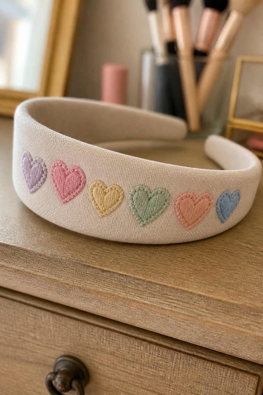 Beige headband embroidered with six pastel-colored hearts on wooden surface