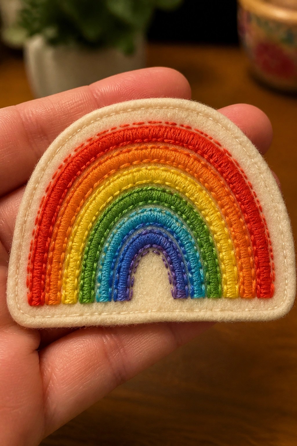 Hand holding vibrant embroidered rainbow patch on beige felt with white border
