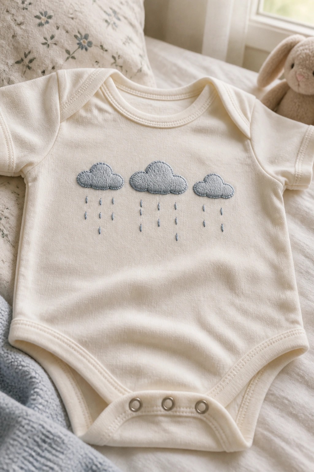 Cream baby onesie with blue embroidered clouds and rain on a bed