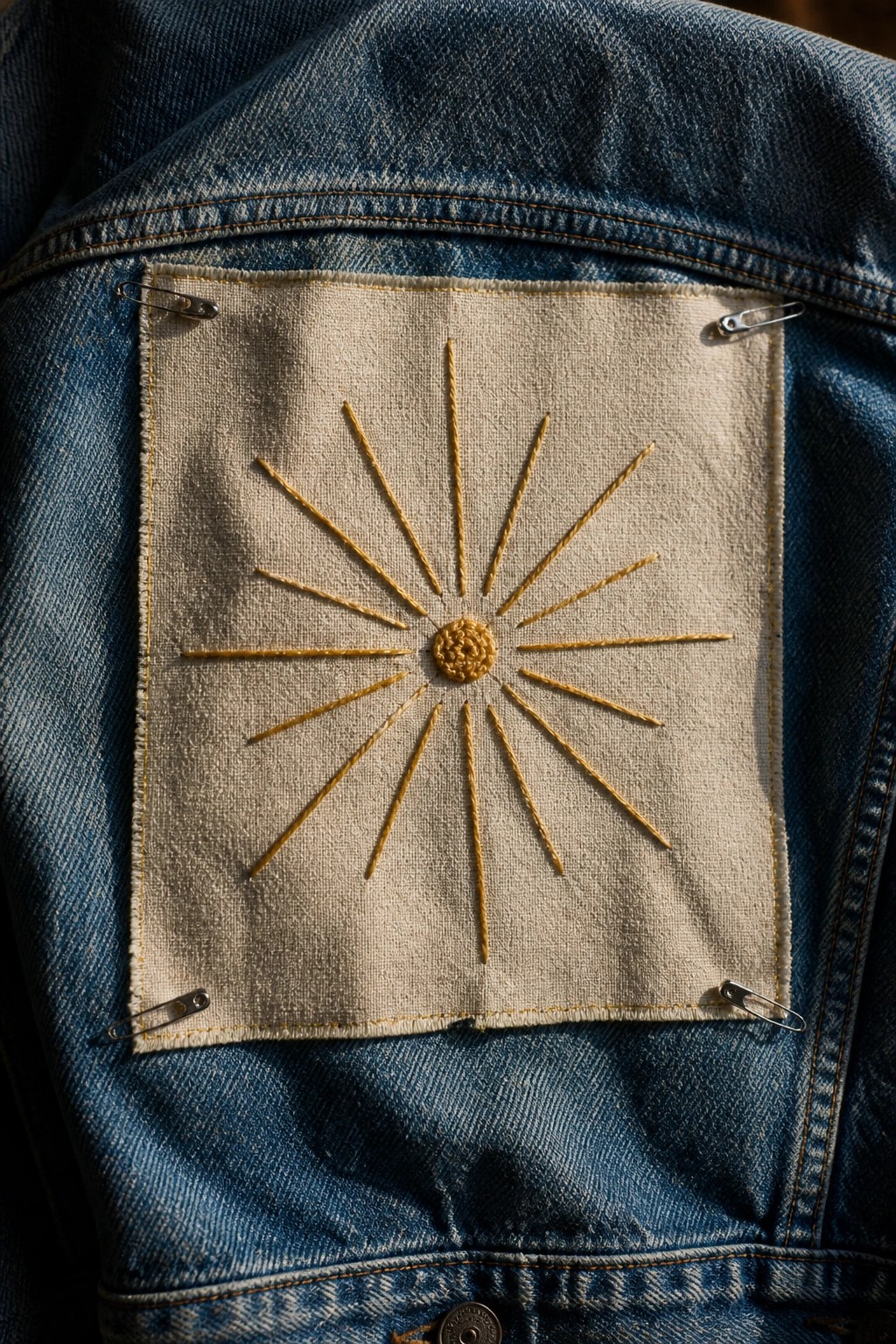 Blue denim jacket interior with beige sunburst embroidery patch pinned in place