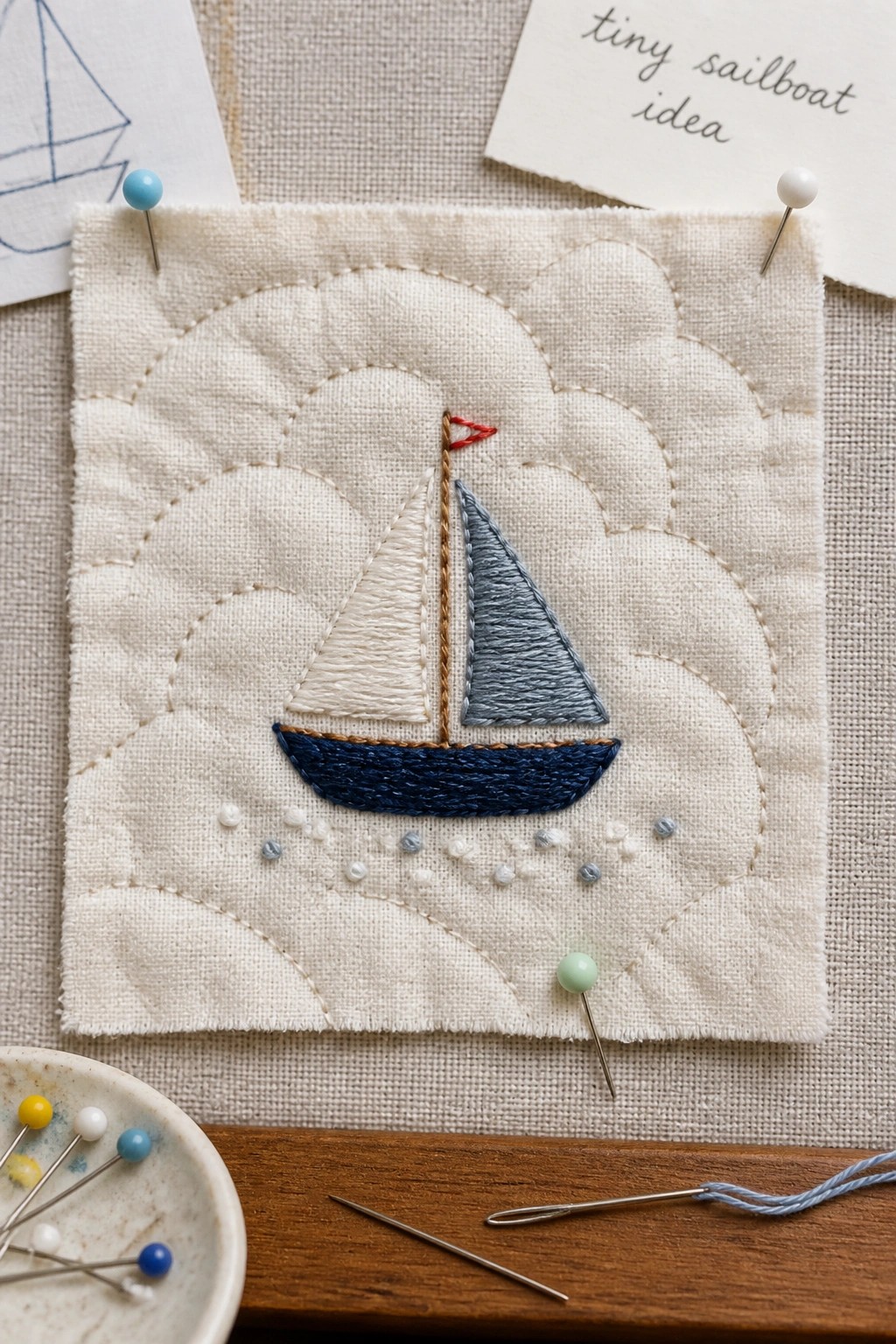 Embroidered sailboat with white and blue sails on cloud-quilted white fabric with pins