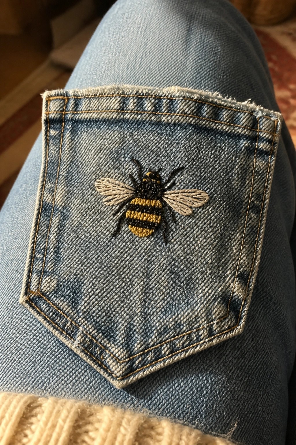 Embroidered yellow-and-black bee on faded blue denim jeans pocket
