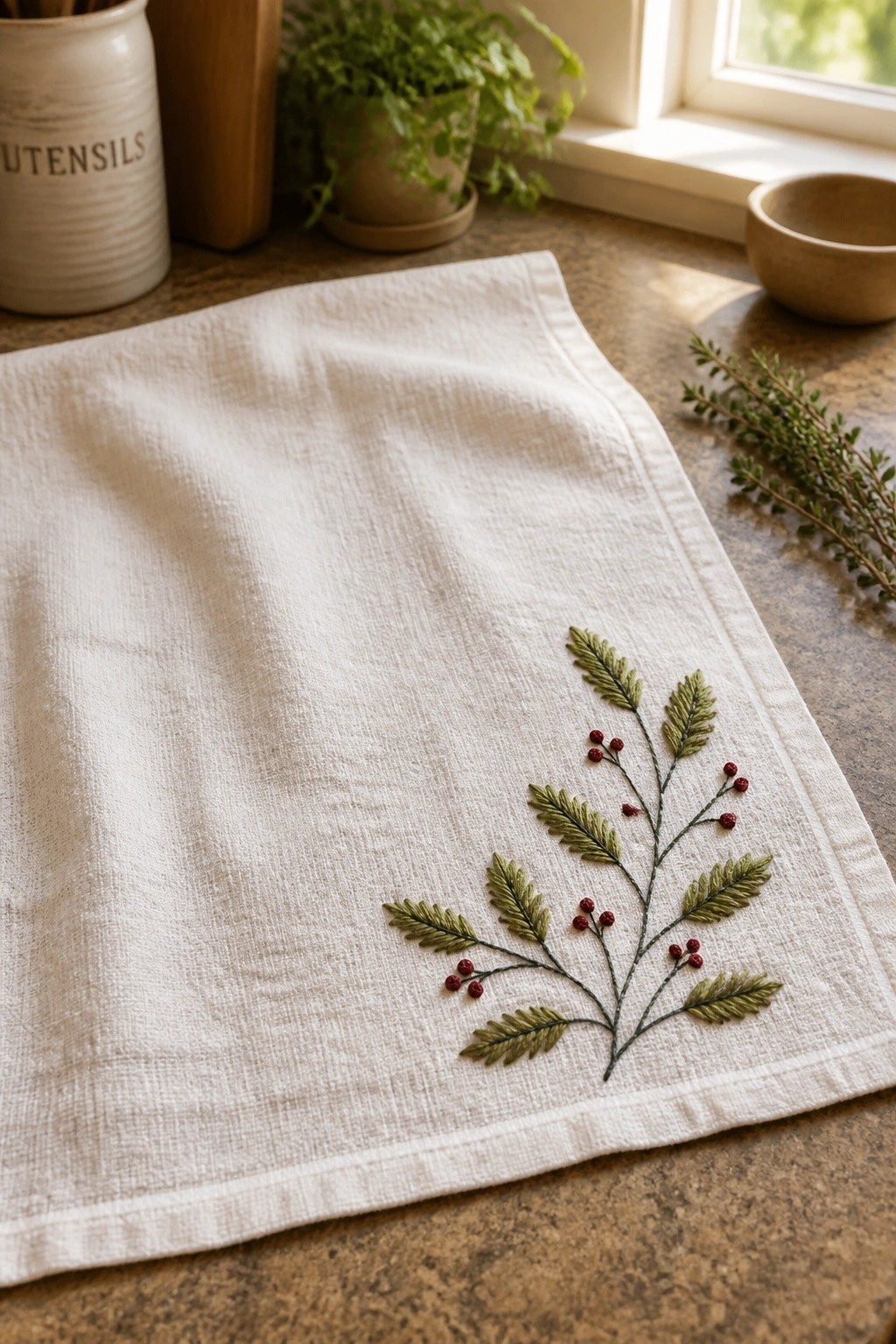 White linen napkin embroidered with green leaves and red berries on kitchen counter