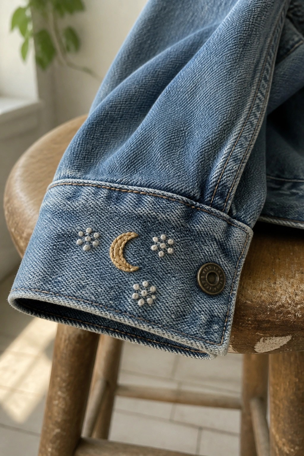 Light blue denim cuff with golden moon and white dot embroidery on wooden stool.