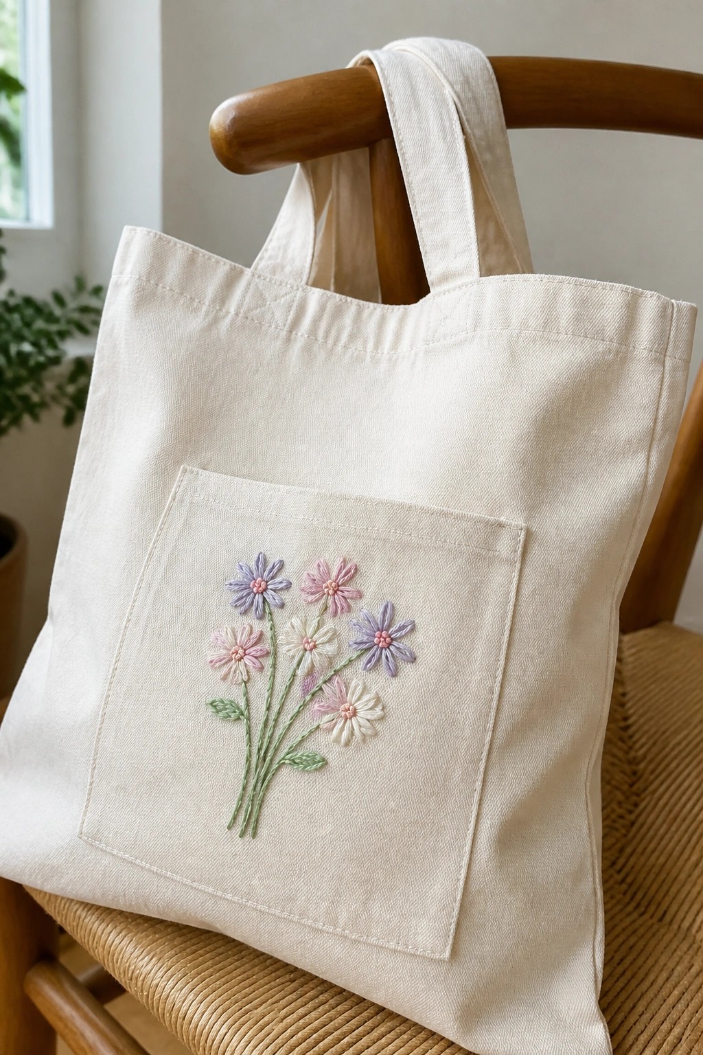 Cream canvas tote bag with pastel embroidered flowers on wooden chair