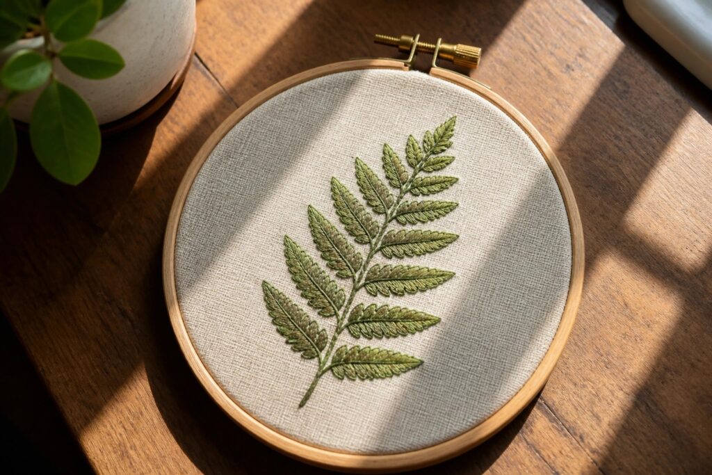 Wooden hoop with green embroidered leaf on beige fabric beside scissors on table.