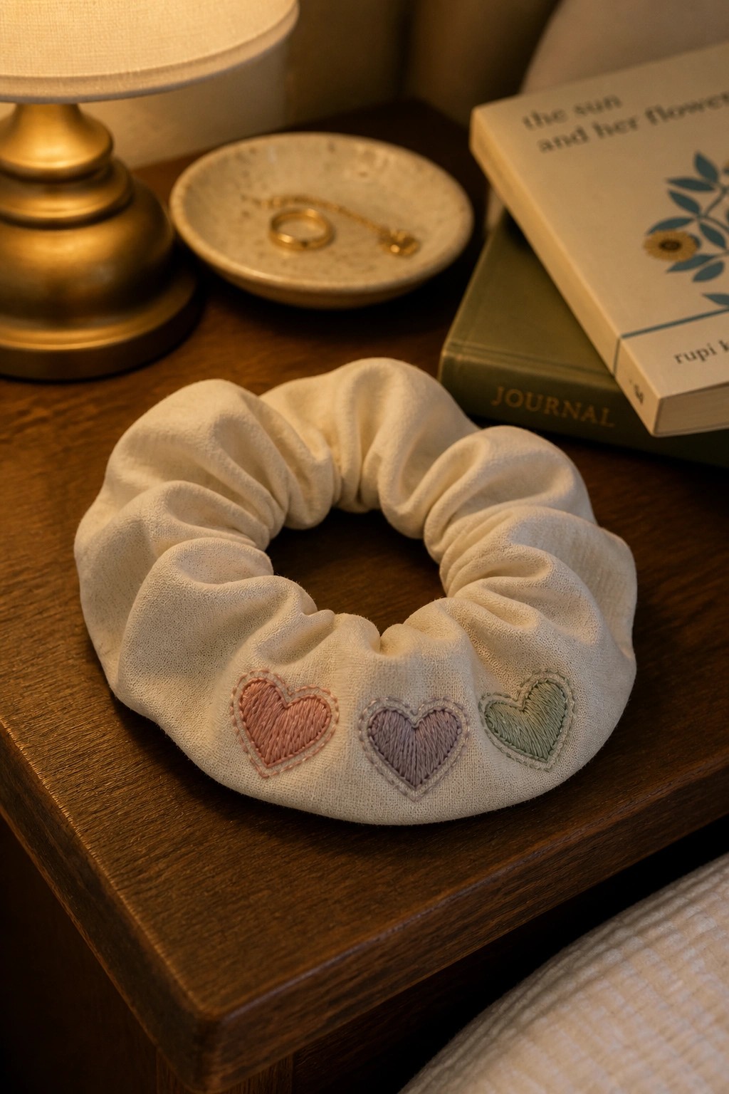 White scrunchie with pink, purple, and green embroidered hearts on wooden table