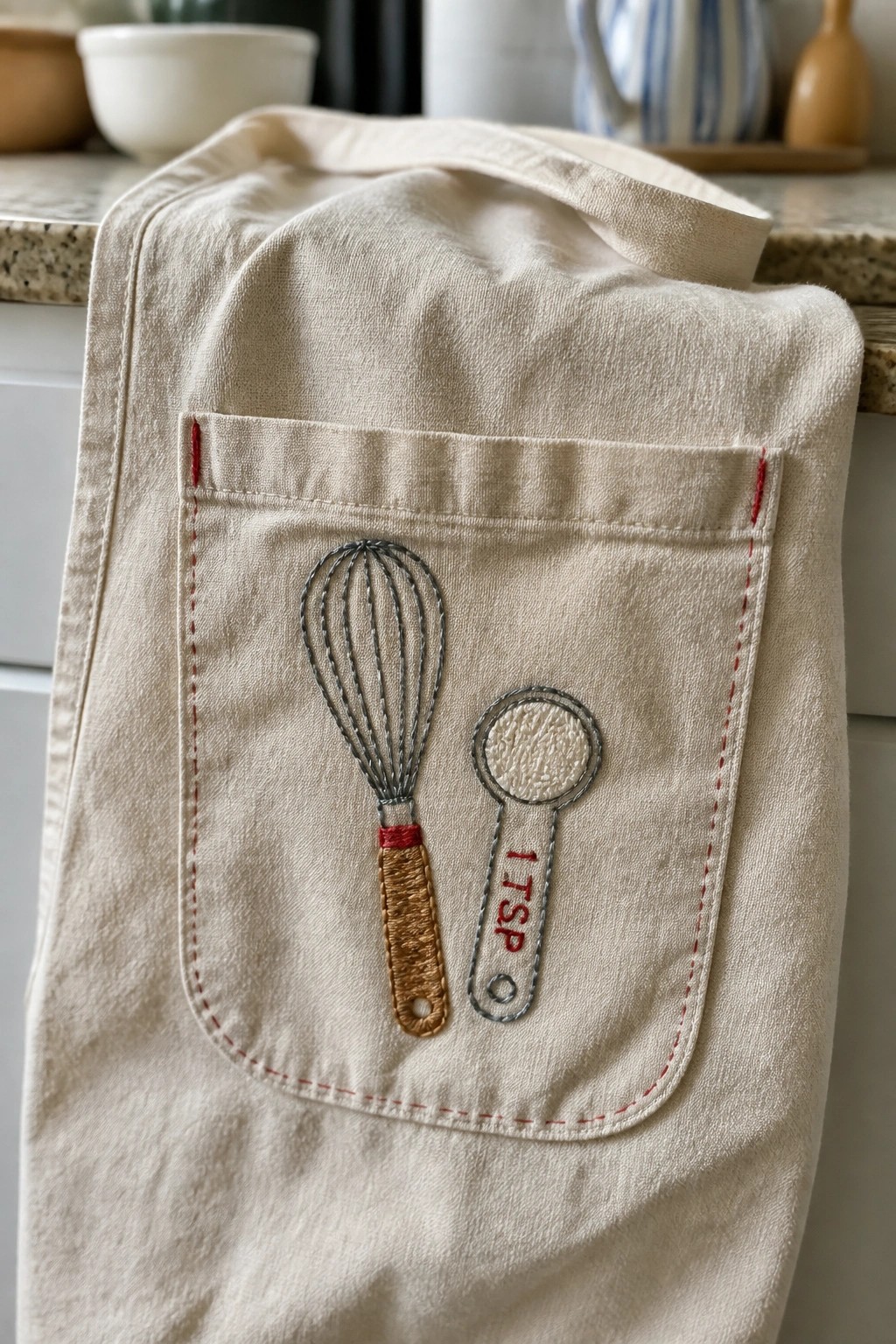 Beige apron pocket embroidered with whisk and 1 tsp measuring spoon