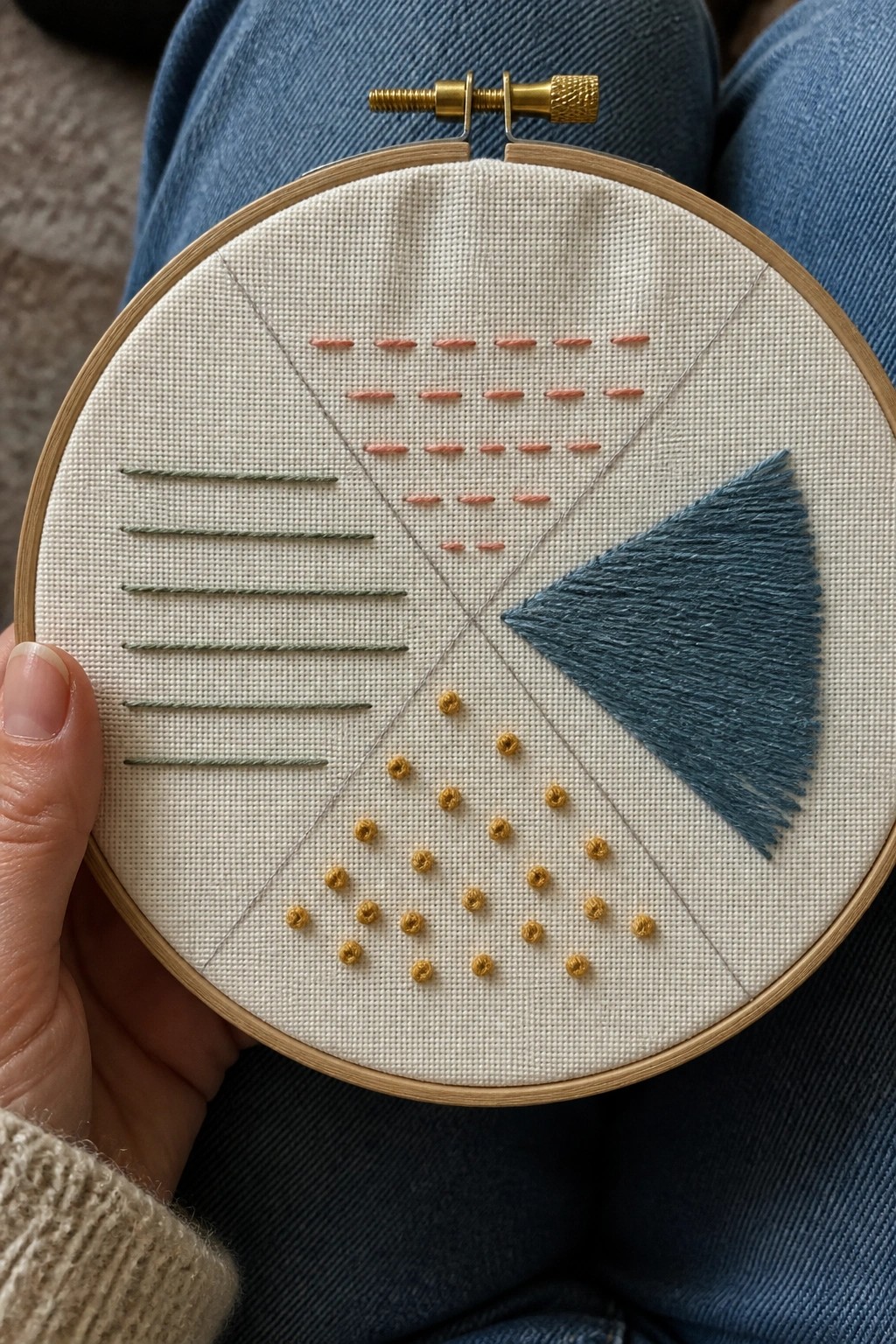 Hand holding embroidery hoop with green lines, pink dashes, blue fan, yellow knots on fabric