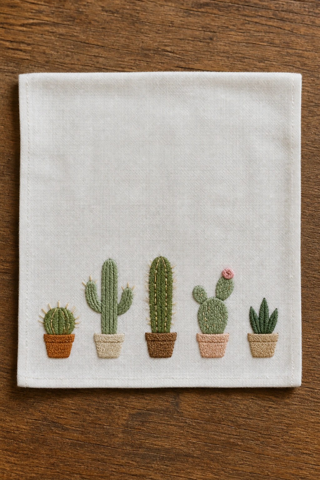 White fabric with five embroidered potted cacti in a row along the bottom edge.