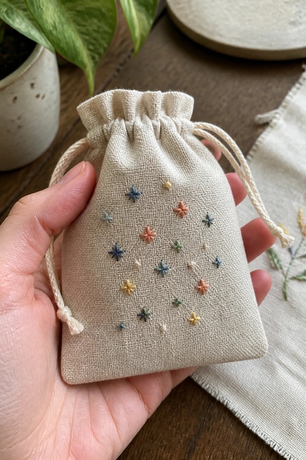 Hand holding beige drawstring pouch embroidered with scattered colorful stars