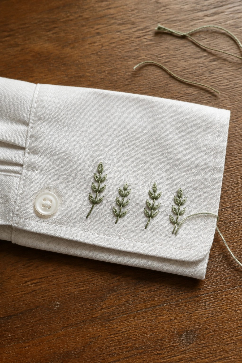 White shirt cuff with green leaf embroidery, white button, and loose thread on wood