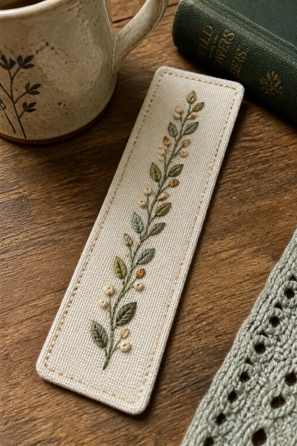 Rectangular off-white fabric bookmark with a vertical embroidered plant stem in green and beige threads on a wooden surface next to a mug and book.
