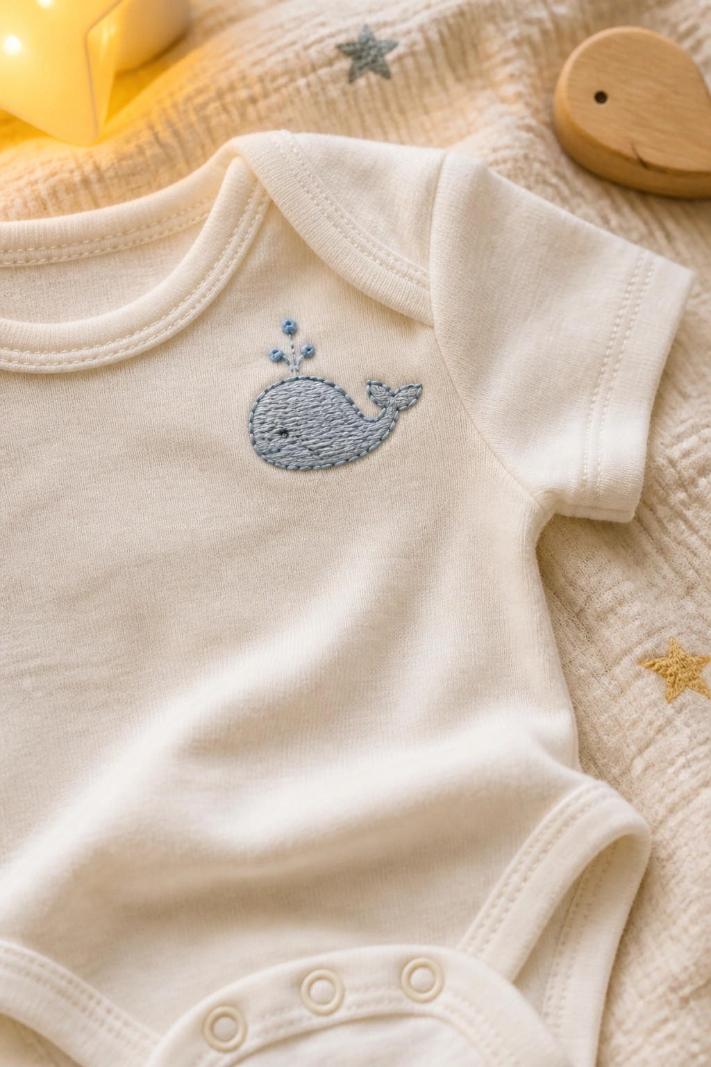 Cream baby onesie with blue embroidered whale on textured blanket with star light