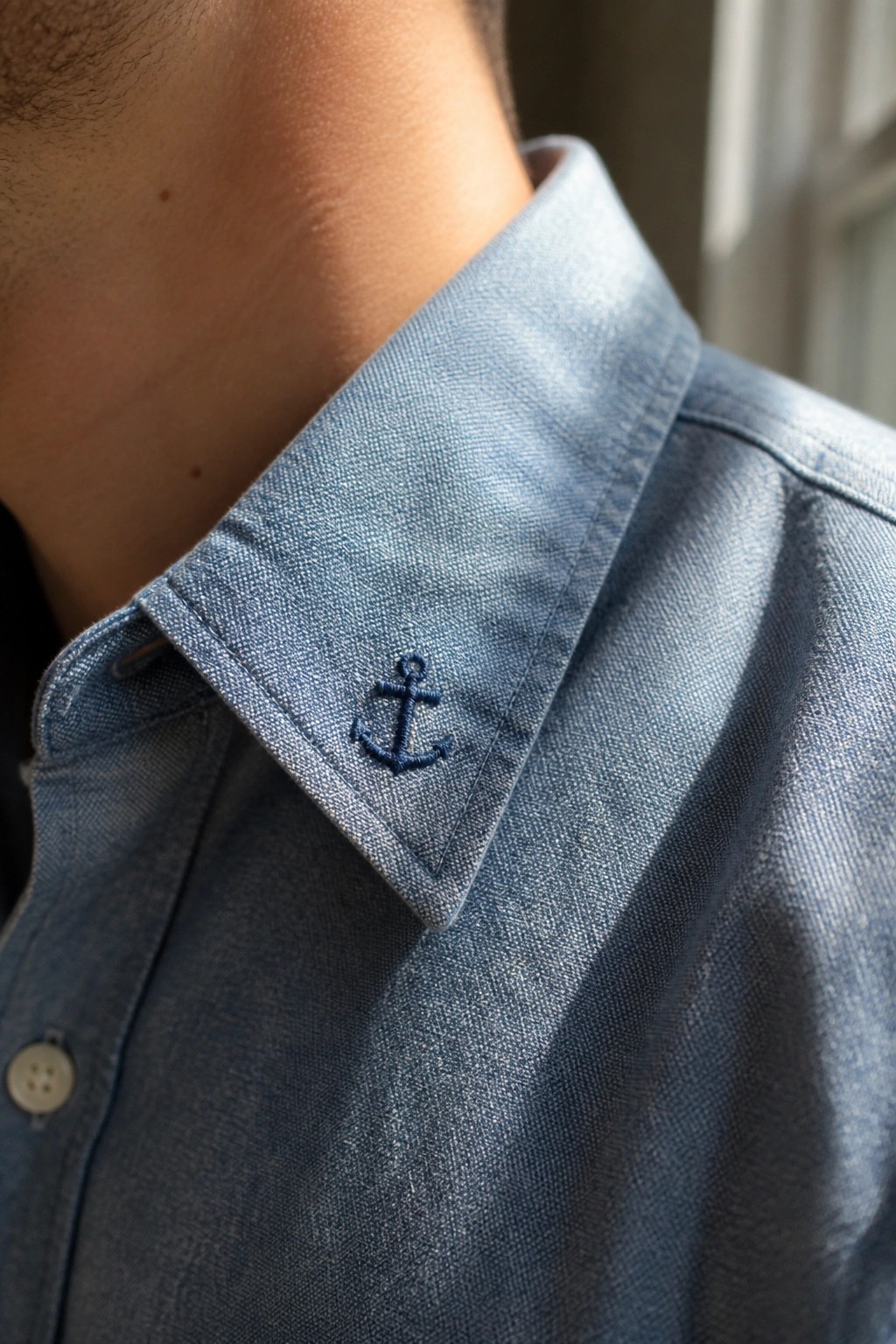 Blue denim shirt collar with small embroidered navy anchor on point