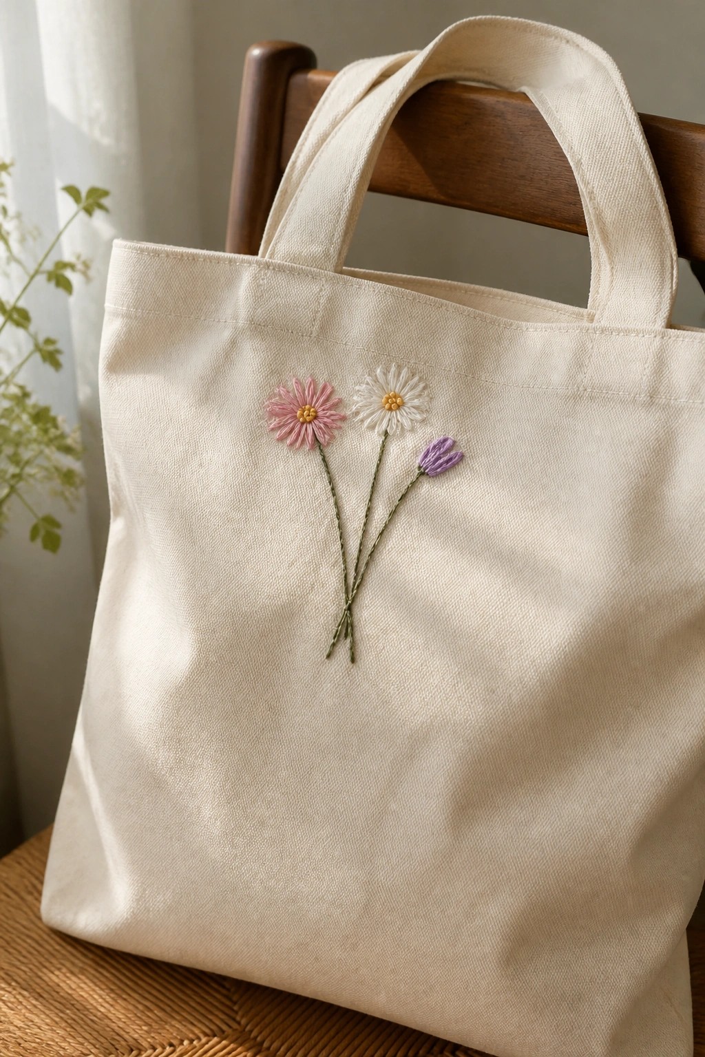 Cream canvas tote bag with pink, white, and purple embroidered flowers on wooden chair