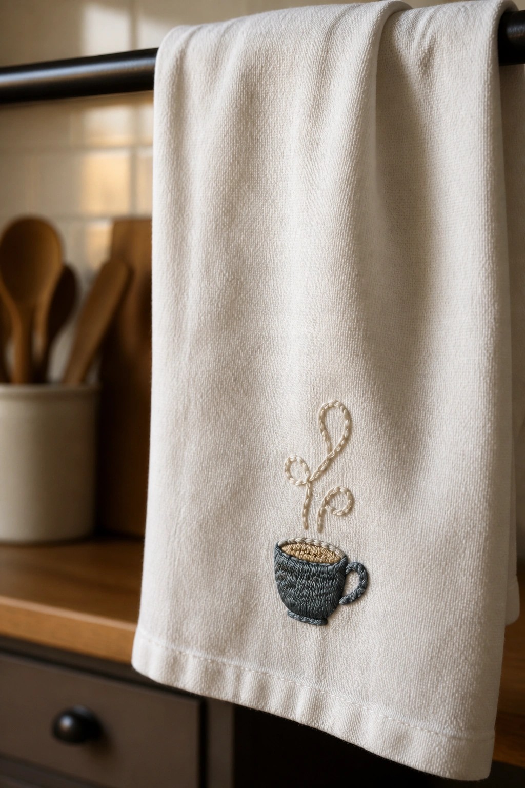 White towel embroidered with blue coffee cup and rising steam loops.
