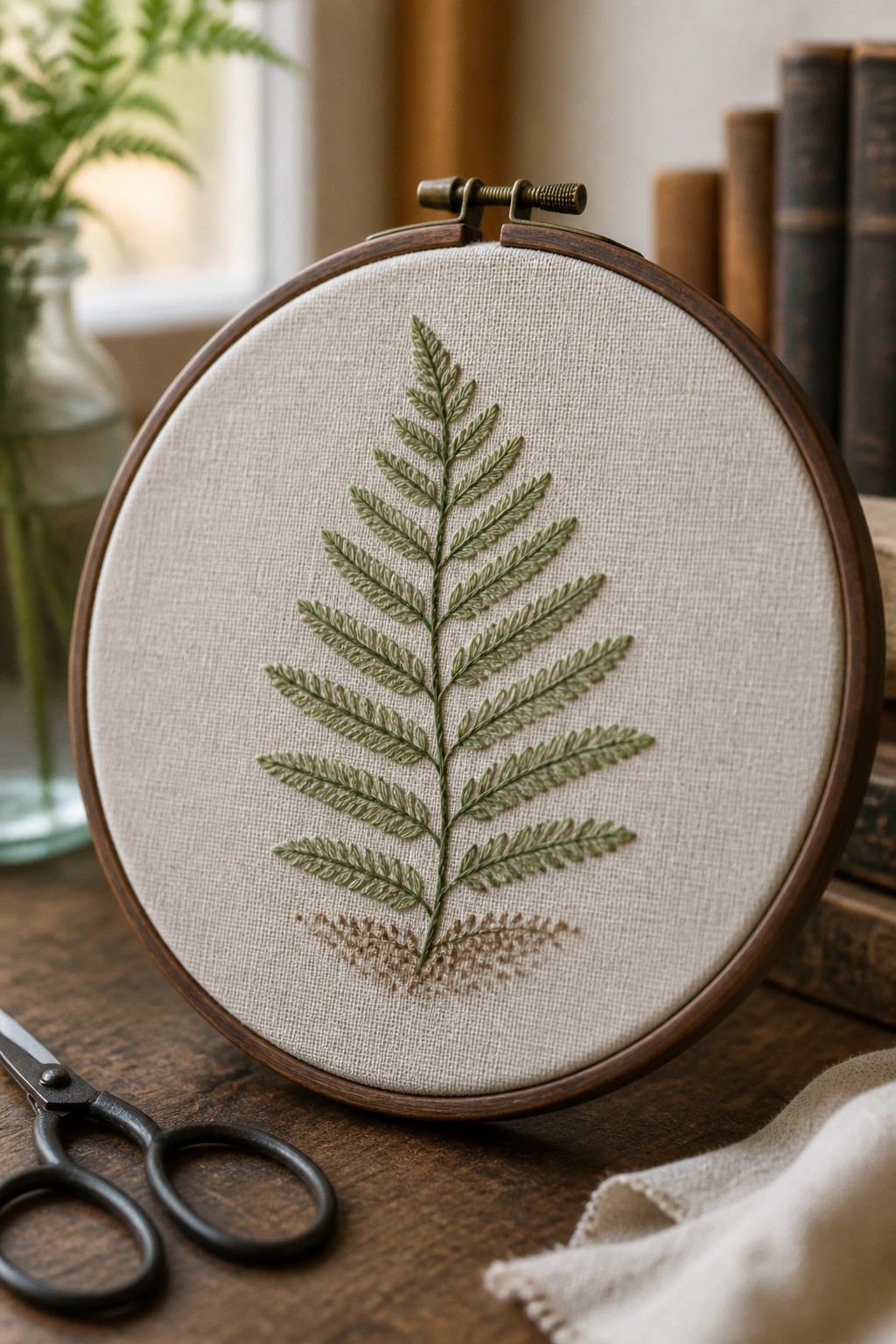 Wooden embroidery hoop with green fern stitch on beige fabric, scissors on wooden table