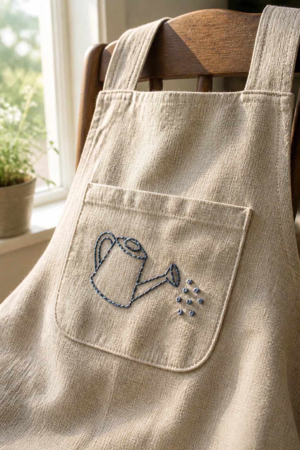 Beige linen apron with blue embroidered watering can on pocket over wooden chair