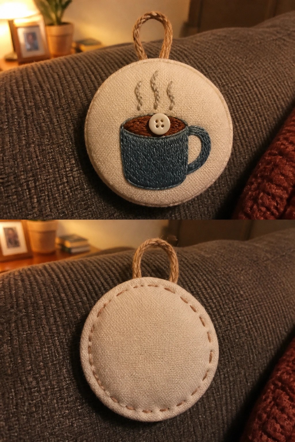 Front and back of circular embroidered coffee mug ornament on gray couch