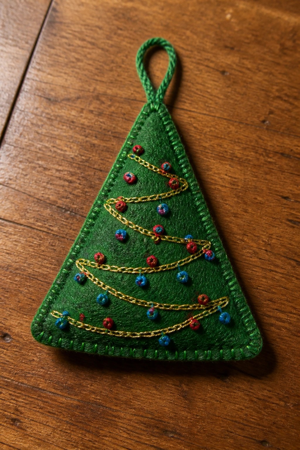 Green felt Christmas tree ornament with gold garland and colorful beads on wood