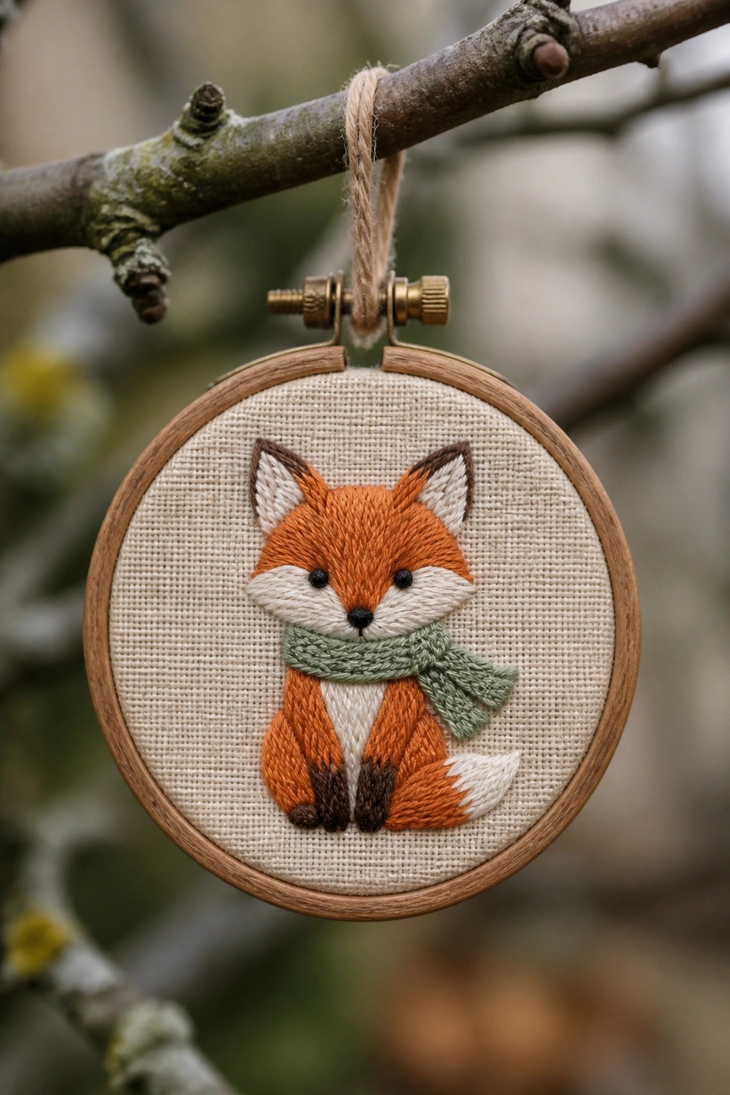 Embroidered orange fox with green scarf in wooden hoop on tree branch