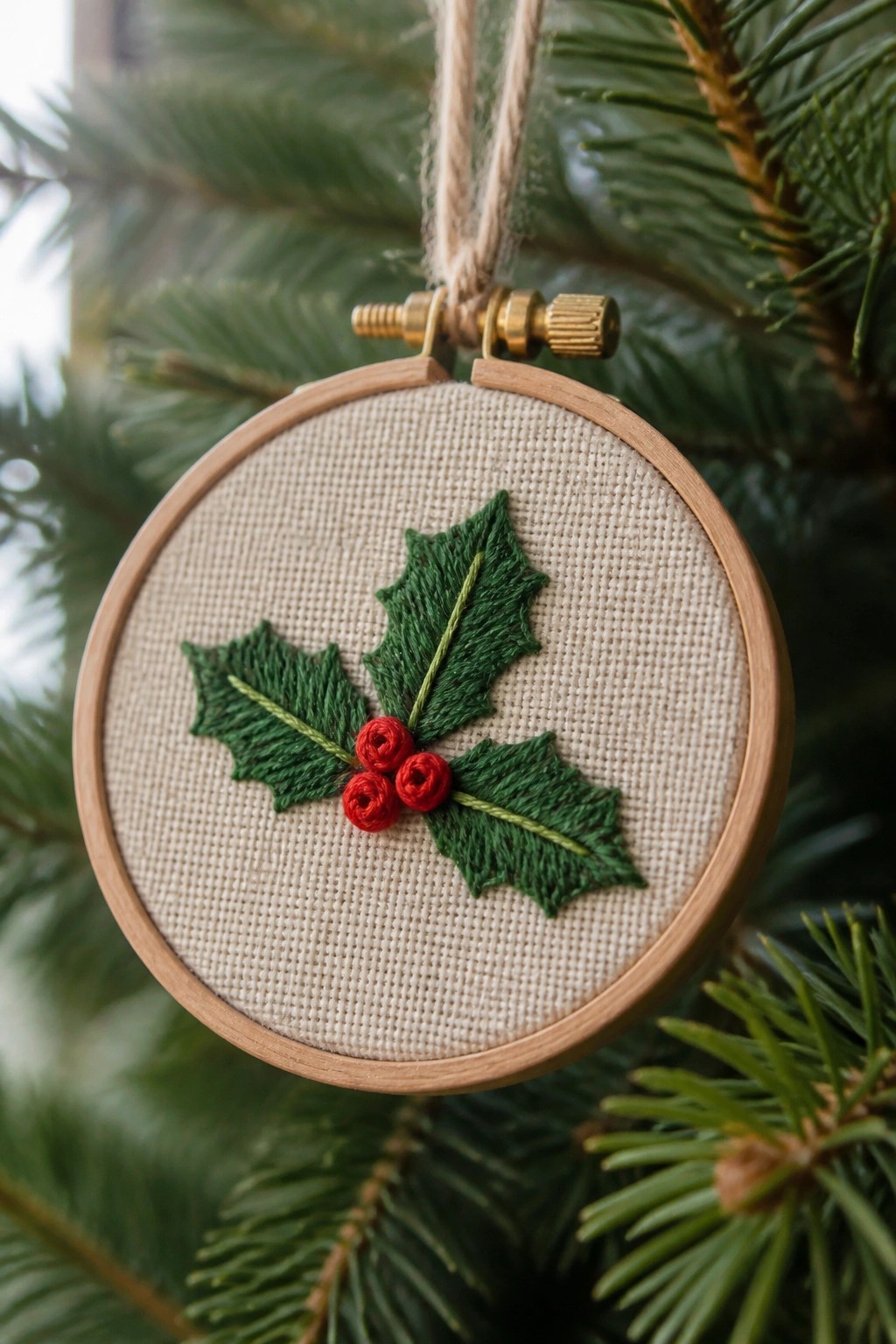 Small wooden hoop with embroidered holly leaves and red berries on a Christmas tree.