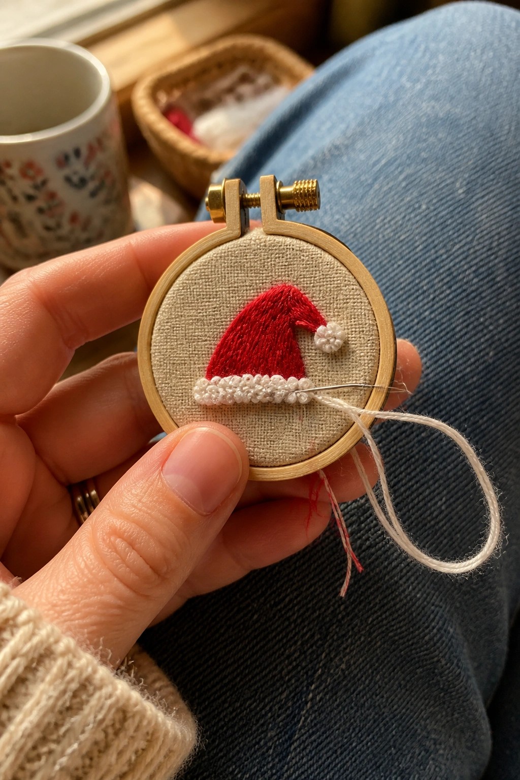 Hand holding wooden hoop with red Santa hat embroidery and needle.