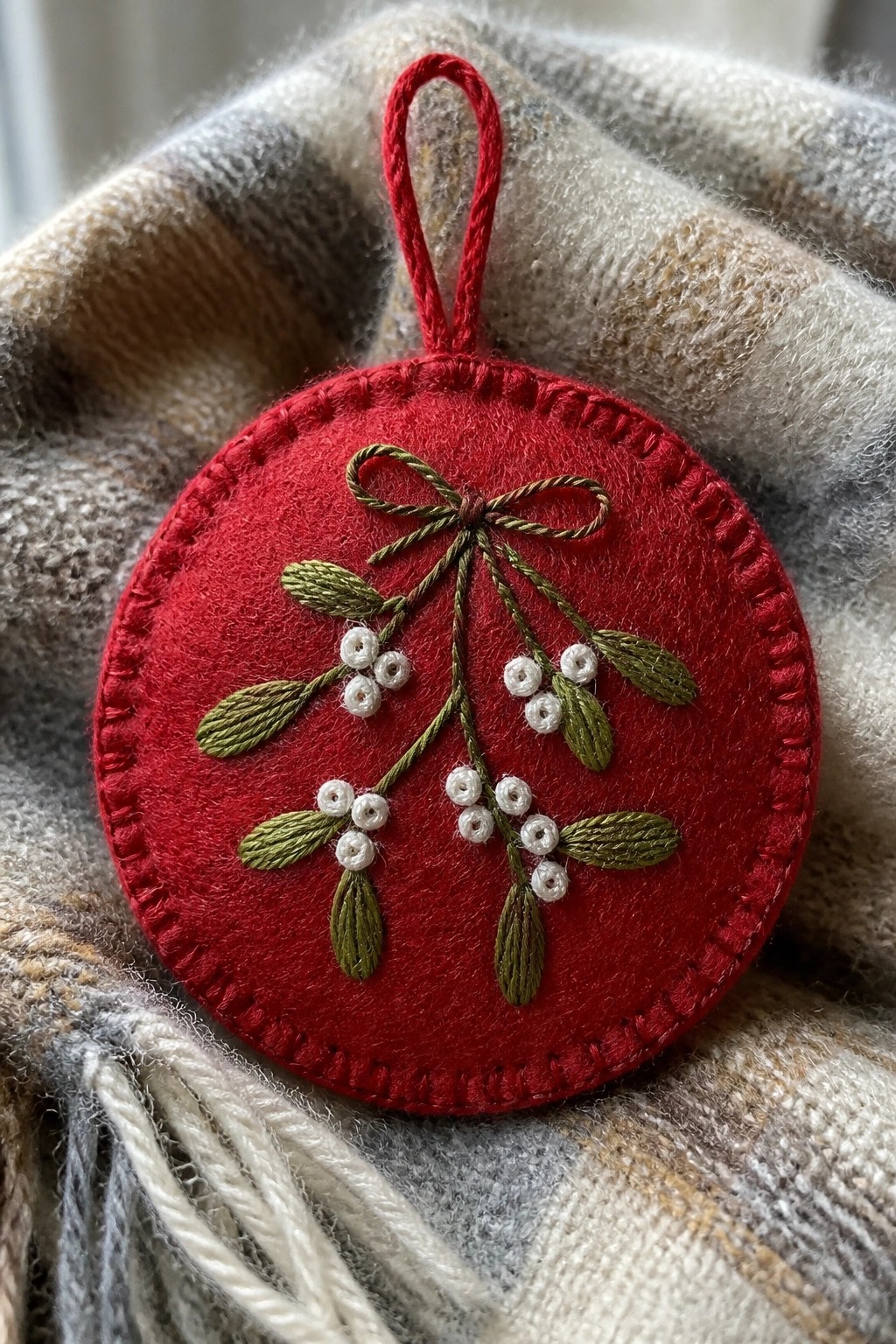 Red felt mistletoe ornament with green embroidery on plaid fabric background