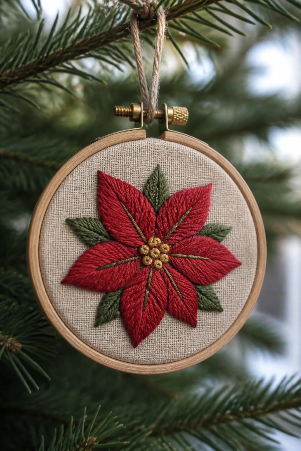 Red embroidered poinsettia in wooden hoop hanging from evergreen branch