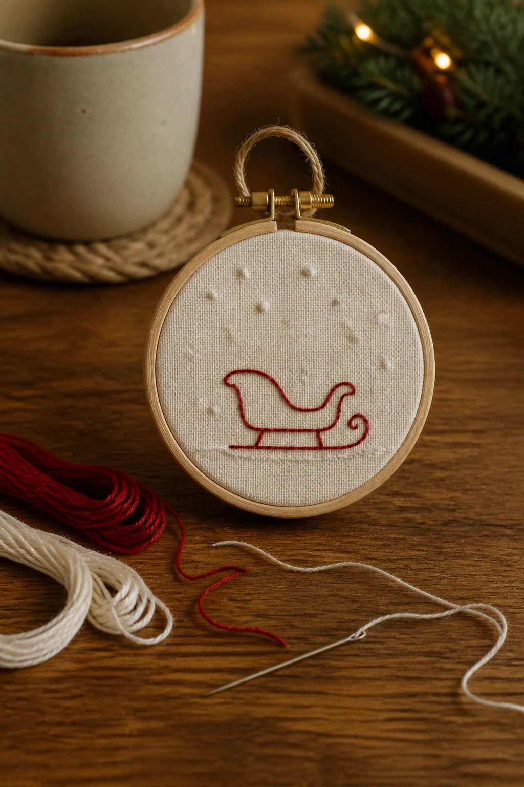 Wooden embroidery hoop with red sleigh on white fabric, red and white floss nearby