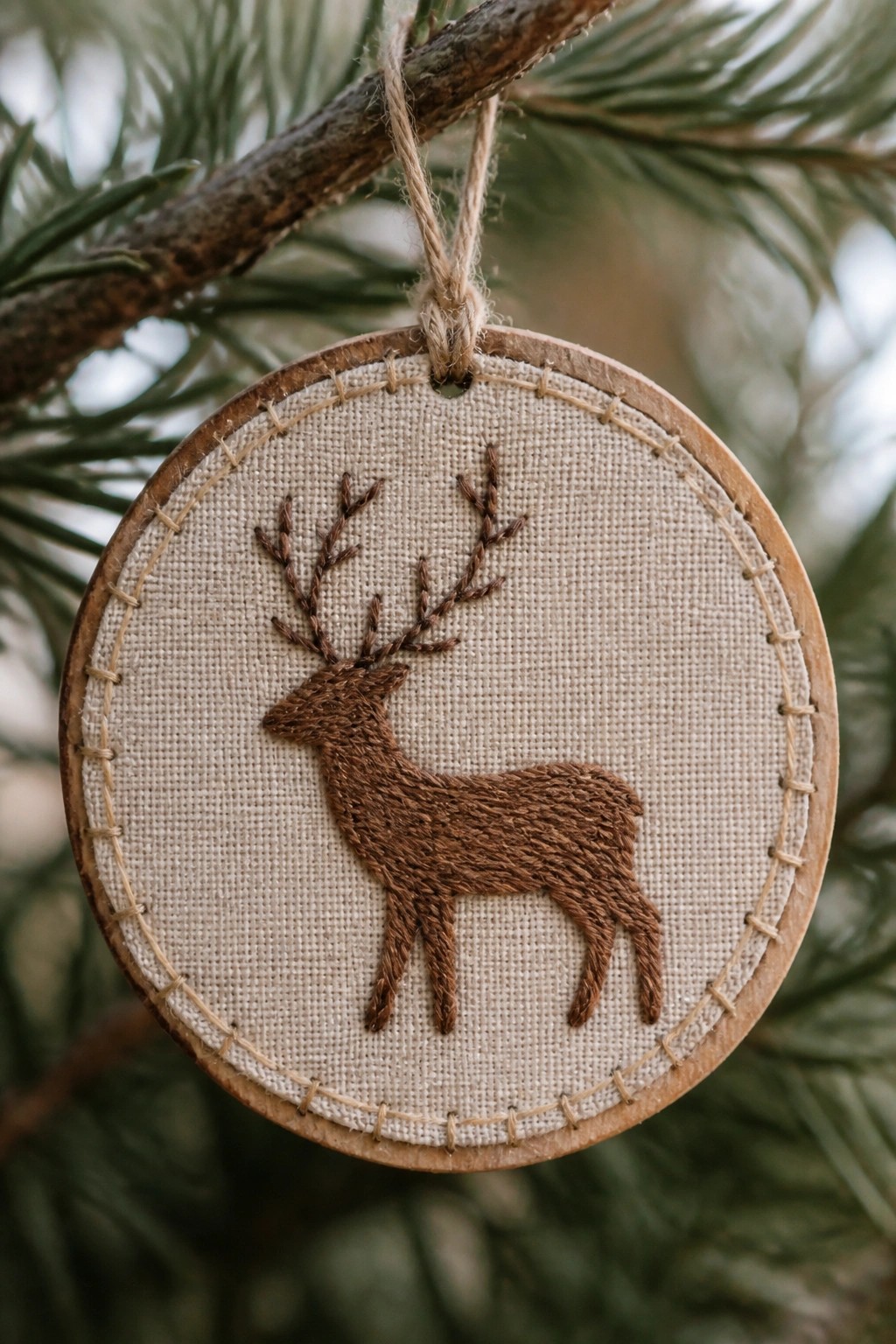 Embroidered brown deer on beige fabric in wooden hoop, hanging from pine branch.